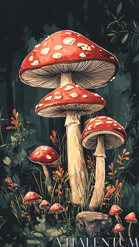 Mushroom monarchs quietly crown a twilight forest clearing