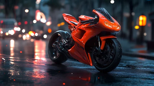 Neon-lit sport motorcycle poised on rain-slicked city street.