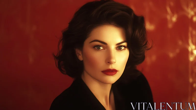 Glamorous woman gazes into warm light against crimson backdrop