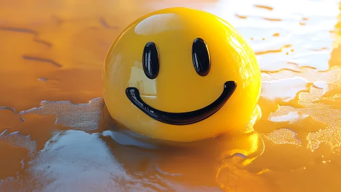 Smiley face sphere is rendered on reflective liquid surface