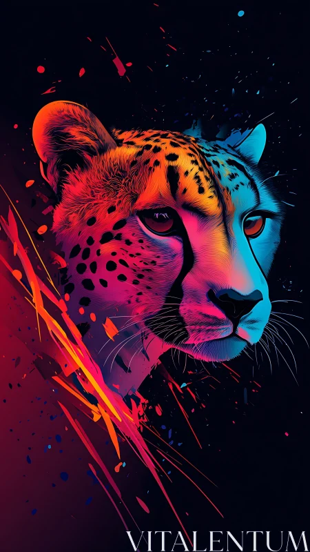 Neon-gradient cheetah portrait with kinetic streak abstraction.