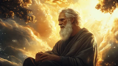 Elder sage draped in sunlight above stormlit golden clouds.