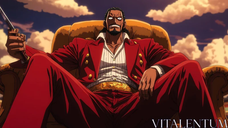Low-angle anime boss in red suit dominates frame with foreshortening