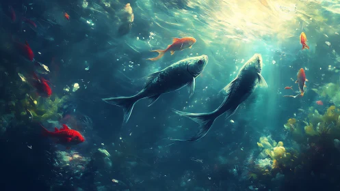 Silver koi glide through sunlit teal water among goldfish