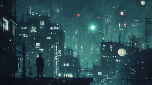 Silhouette observes dense neon cityscape under glowing orbs