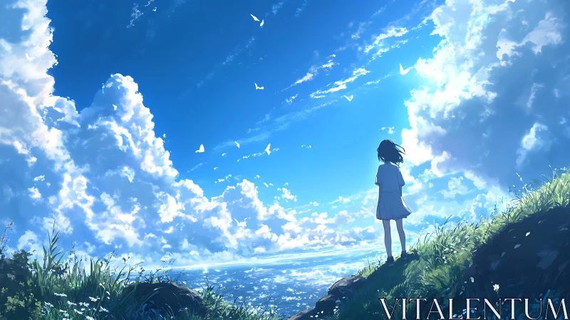 Girl on a sunlit cliff gazes into a vast drifting sky