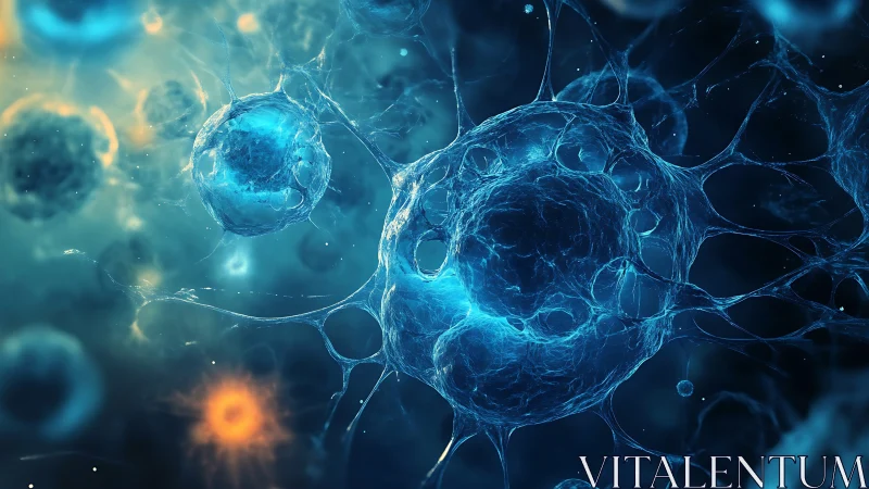 Glowing blue cells drift gently in a luminous cosmic web