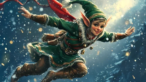 Dynamic Christmas elf in midair with cinematic lighting effects