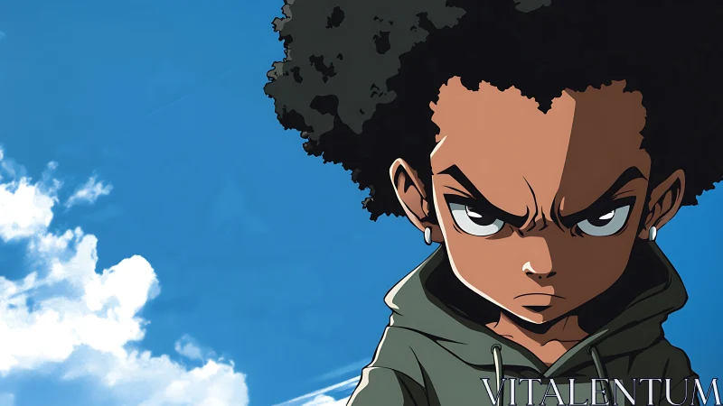 Defiant cartoon boy glares under clear blue daytime sky