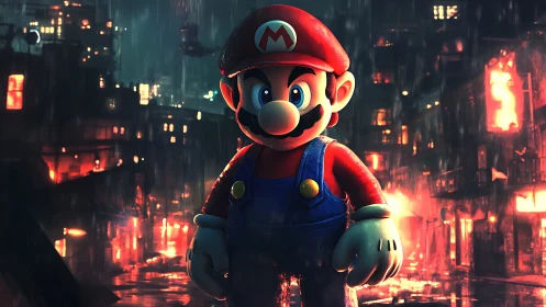 Video game plumber character in dark urban alley scene.