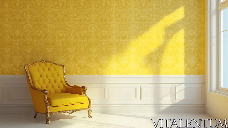Yellow upholstered armchair sits in sunlit interior corner
