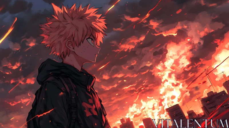 Ember-eyed teen watches a burning sky over restless city.