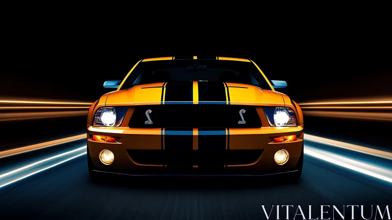 Yellow sports car front view with light trails at speed.