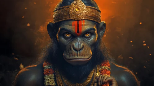 Regal monkey guardian bathed in ember-gold stillness.