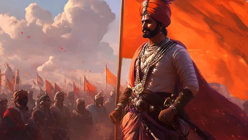 Warrior leader stands before army with orange battle flag