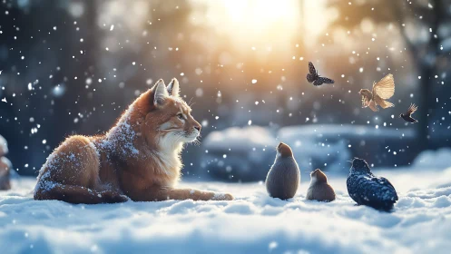 Winter fox quietly watches tiny birds and butterflies dance