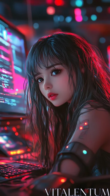 Neon lit hacker girl pauses at the keyboard in soft glow
