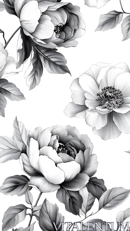 Layered Peonies in Monochromatic Ink Rendering.