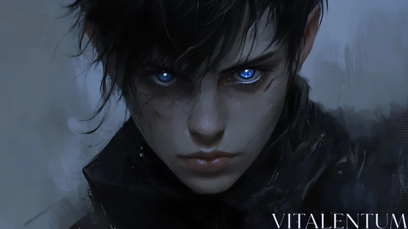 Cybernetic youth portrait with luminous cobalt eyes.