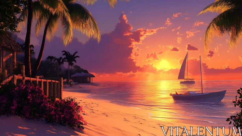 Tropical lagoon shoreline with sailboats at radiant sunset