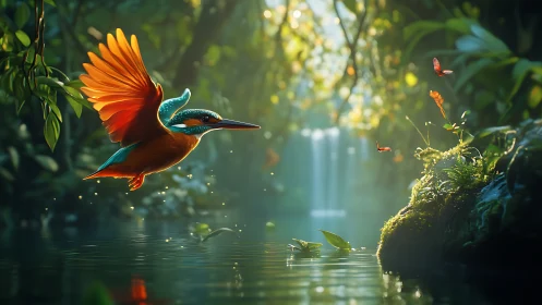 Kingfisher gliding through a glowing forest sanctuary.