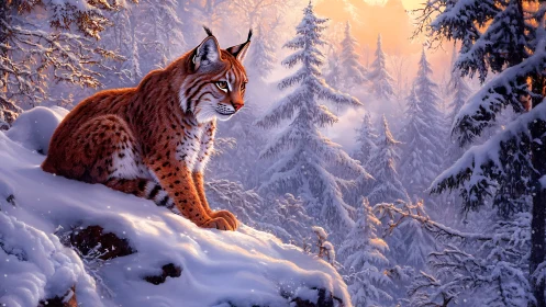 Lynx resting on snowed mountain slope within coniferous forest.