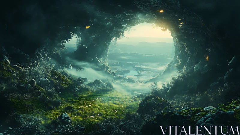 Misty cavern opening frames luminous valley landscape