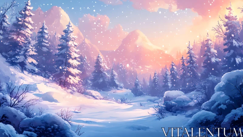 Snowy conifer forest frames sunlit pink winter mountainscape