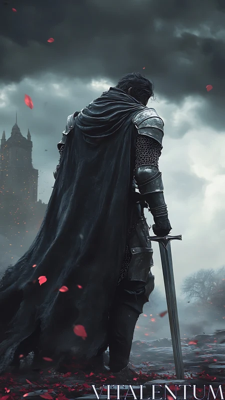 Brooding dusk knight among blood petals and stormclouds.