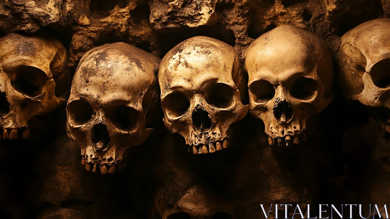 Silent skull guardians resting in warm cavern light.