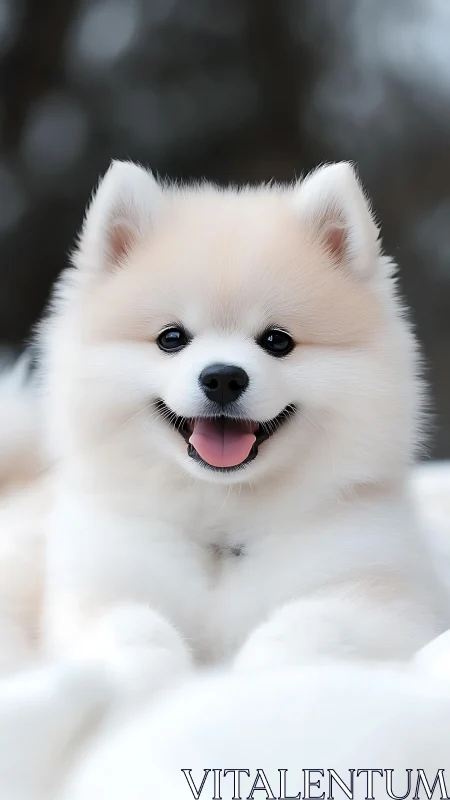 Close portrait of small cream-colored fluffy dog outdoors.