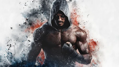 Hooded street boxer emerges from explosive color storm.