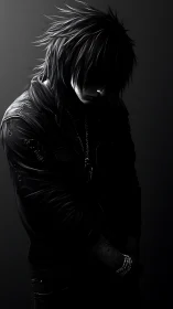 Brooding punk figure in monochrome shadowed portrait scene.