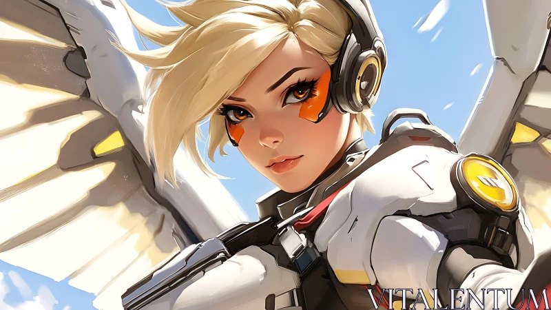 Dynamic winged heroine in cinematic digital painting portrait.