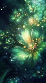 Glowing dreamlike flowers drifting through starlit night sky.