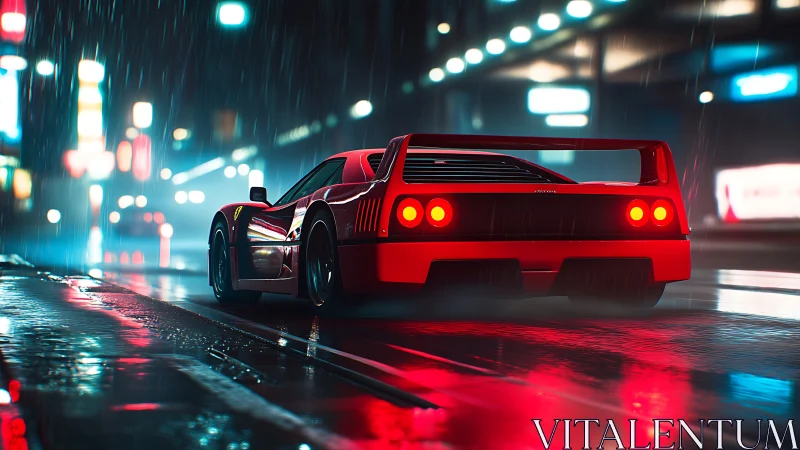 Red sports coupe on wet neon city street at night in rain.