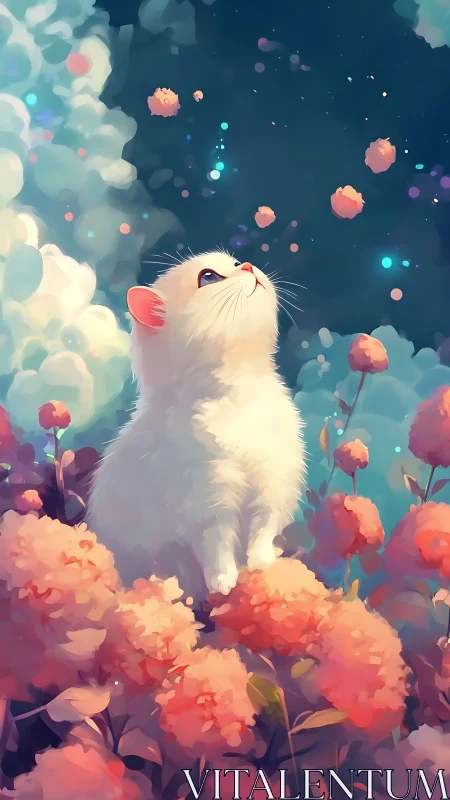 White Cat Among Coral Flowers in Dreamy Sky.