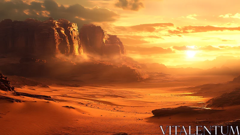 Cinematic desert cliffs at sunset in warm tonal compression.