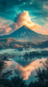Volcanic cone mirrored in sunrise-lit tropical lake panorama.