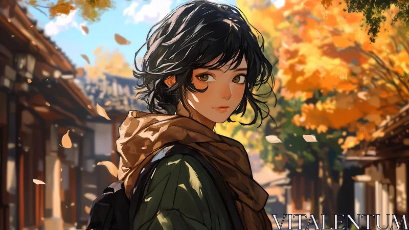 Autumn traveler gazes back on a quiet, leaf-lined street.