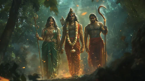 Divine forest journey unites three radiant heroic figures