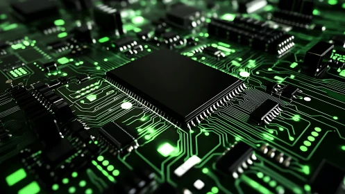 3D microchip array on illuminated green PCB architecture.