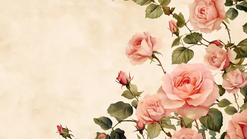 Blushing garden roses drift softly across parchment light