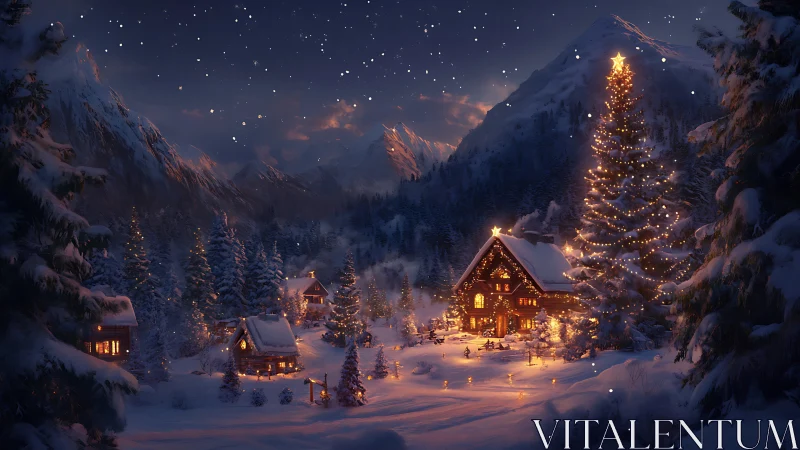 Snow-covered alpine village with illuminated chalet and tree.