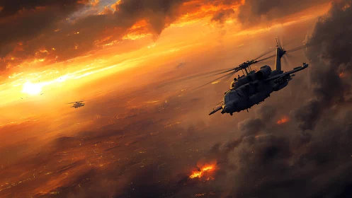 Military helicopters over burning landscape at sunset.