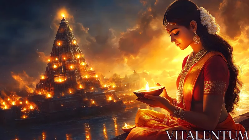 Luminous South Indian temple gopuram and woman in ritual firelight