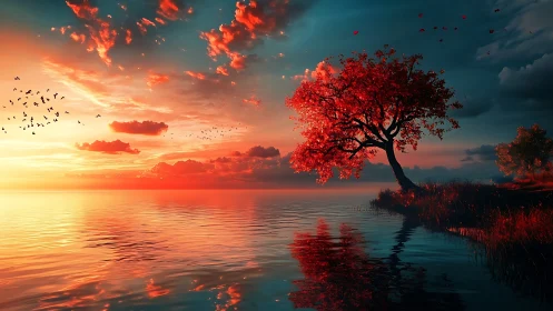 Vibrant red lakeside tree silhouettes against cinematic sunset