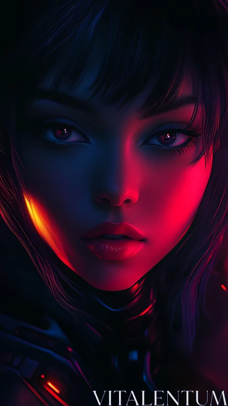 Neon-lit cyber gaze with soft, otherworldly calm.