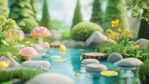 Dreamy mushroom creek winding through a tiny toy forest.