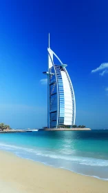 Modern sail-shaped hotel tower on Dubai beachfront skyline.